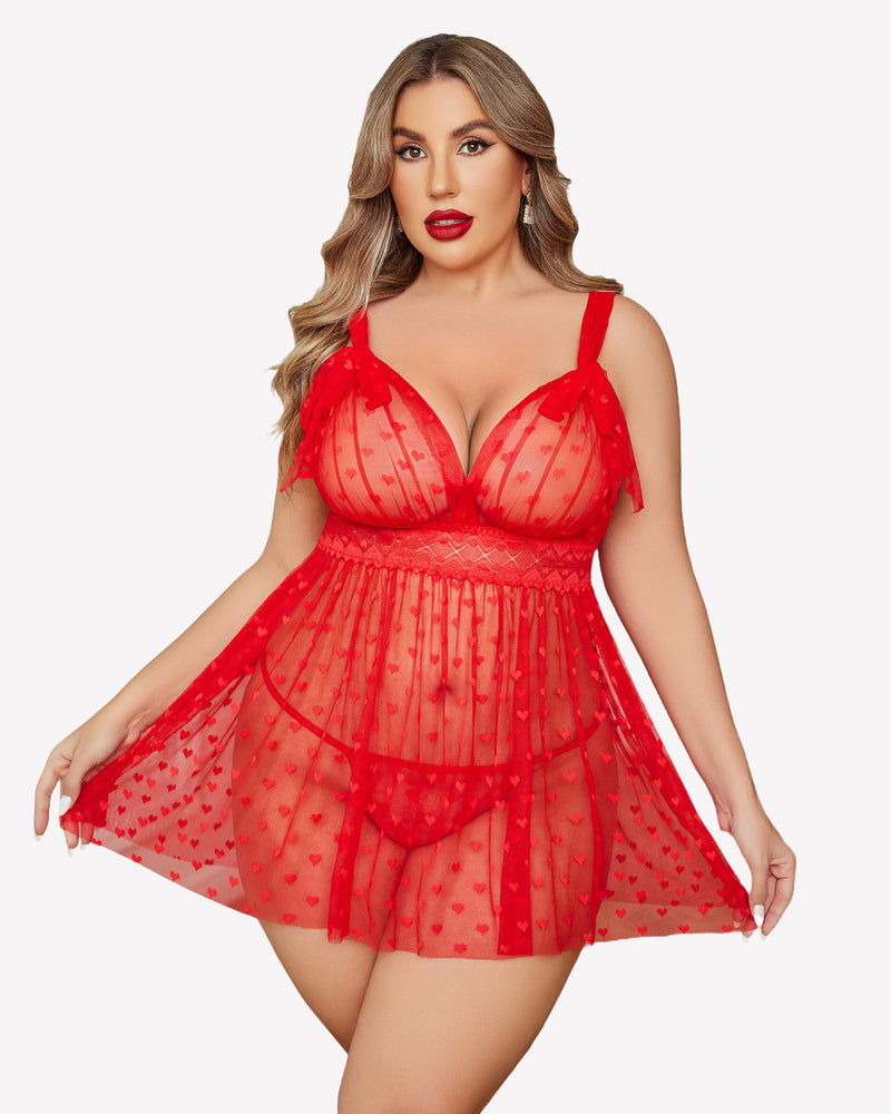 Plus Size Red Heart Print Sheer Babydoll Nightie with Lace Detail