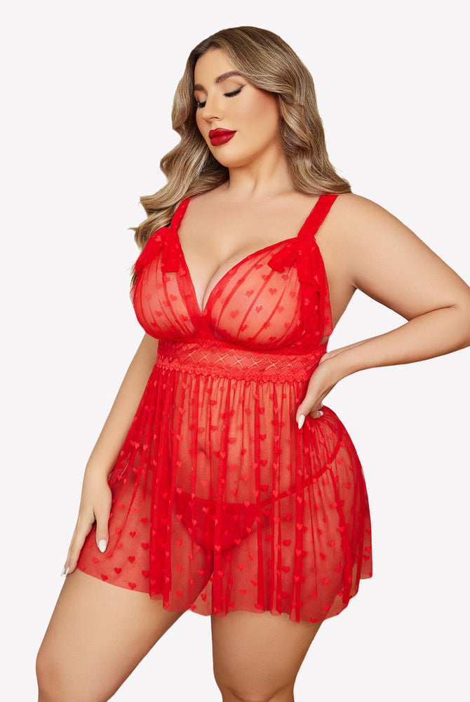 Plus Size Red Heart Print Babydoll Nightie with Lace Detailing