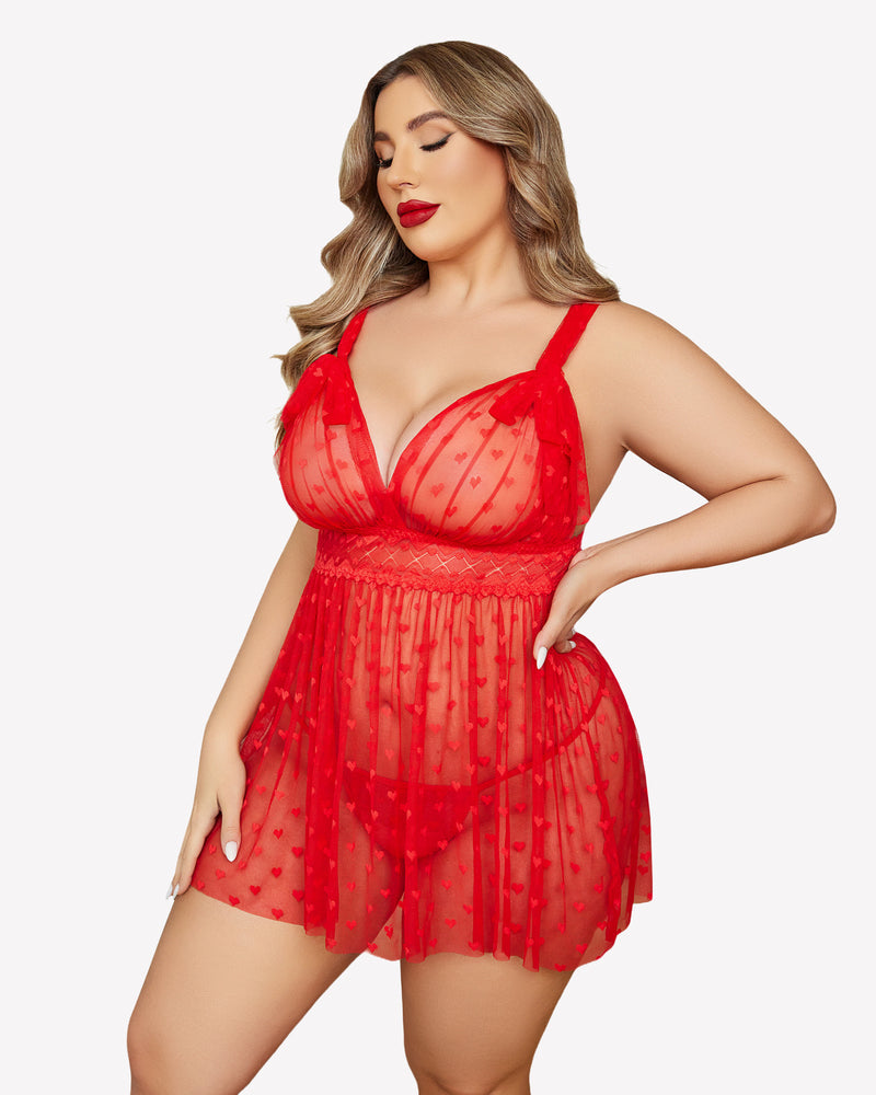 Plus Size Red Heart Print Babydoll Nightie with Lace Detailing