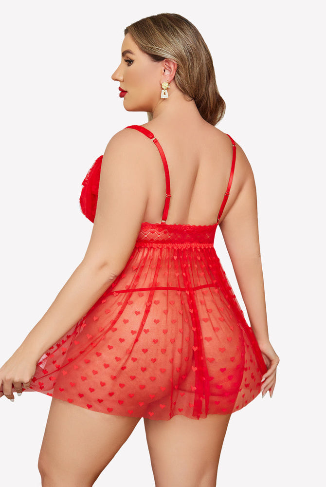 Plus size red heart print sheer babydoll nightie with lace detail. Sexy lingerie for women.
