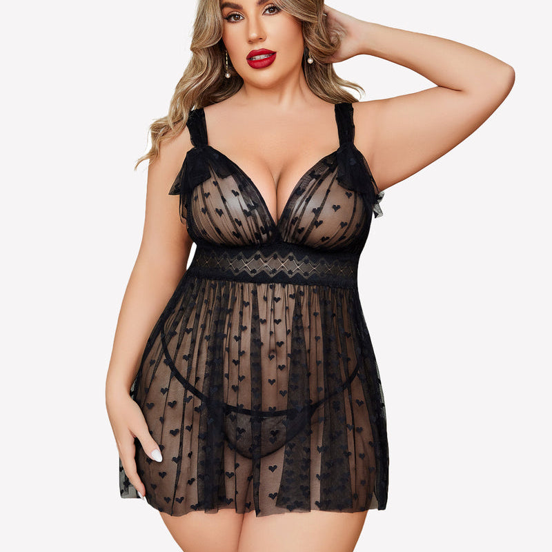 Plus Size Black Lace Babydoll Nightie with Heart Print and Adjustable Straps