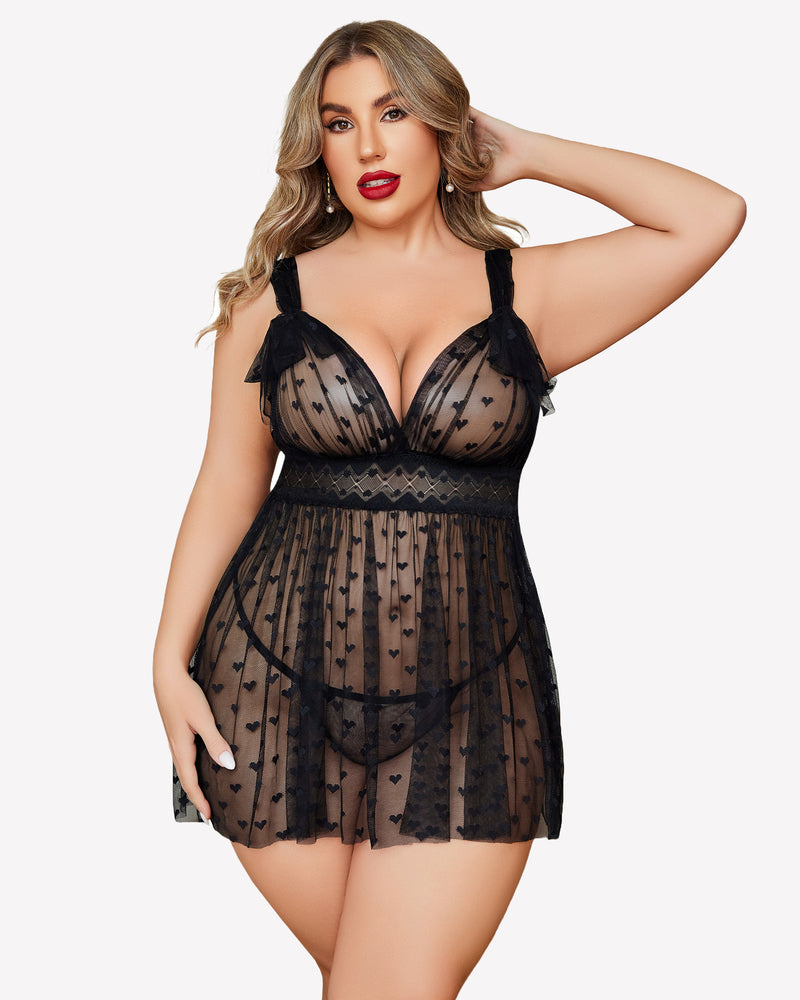 Plus Size Black Lace Babydoll Nightie with Heart Print and Adjustable Straps