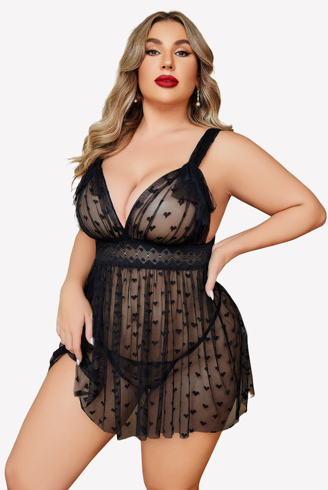 Plus size black heart print sheer nightie with adjustable straps. Sexy lingerie for women.