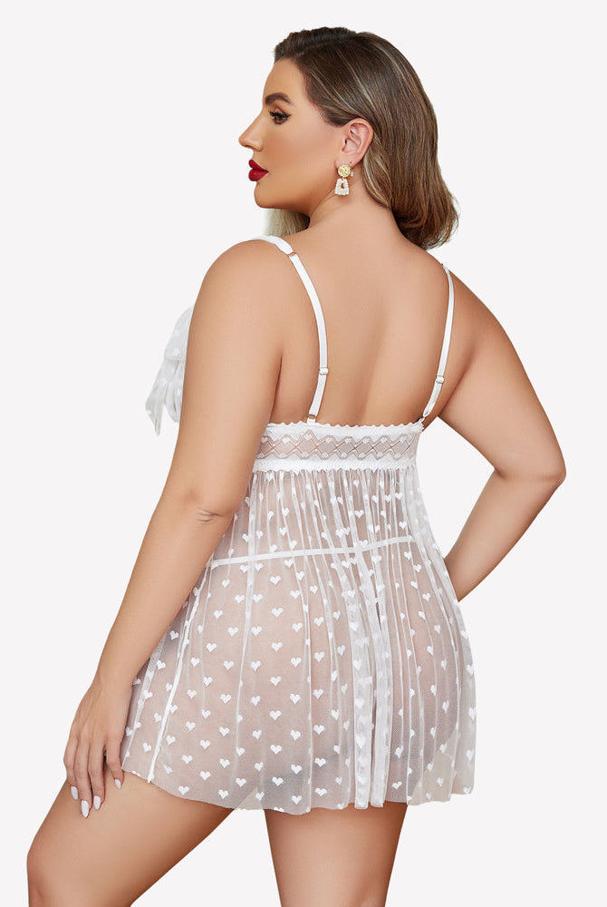 White heart print sheer babydoll nightie with adjustable straps. Plus size lingerie for women.