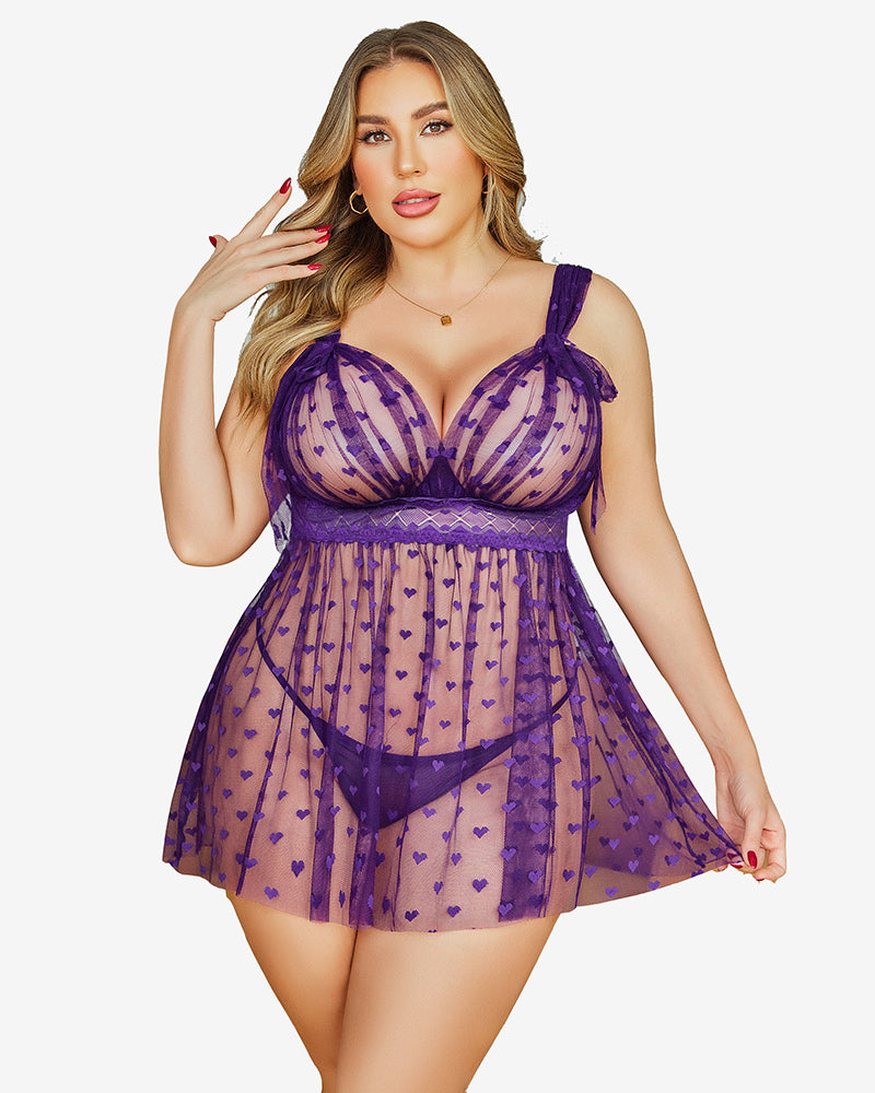 Plus size sheer purple heart print babydoll nightie with adjustable straps, sexy lingerie for women.