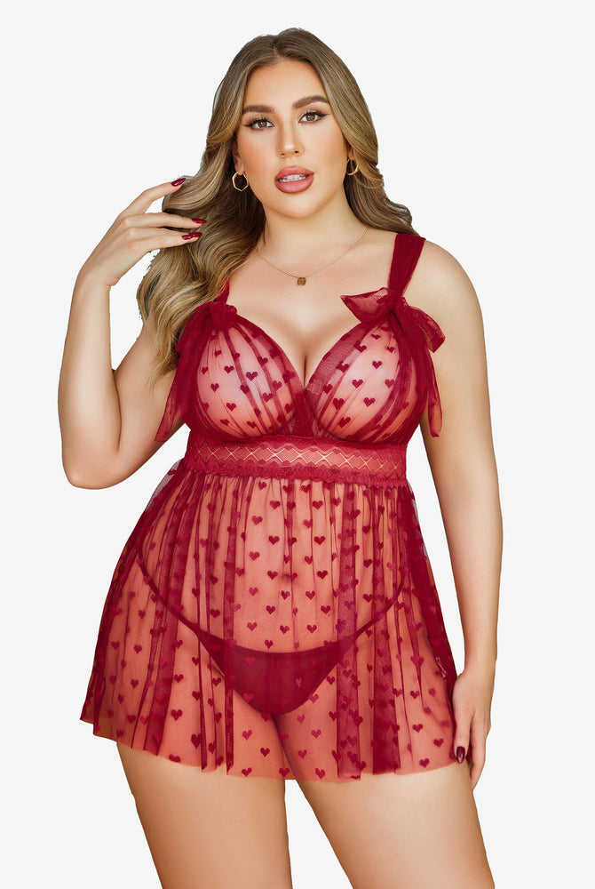 Plus size burgundy heart print sheer babydoll nightie with lace detail. Sexy lingerie for women.