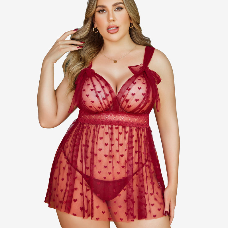 Plus size burgundy heart print sheer babydoll nightie with lace detail. Sexy lingerie for women.
