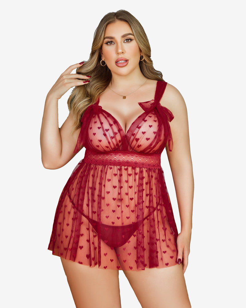 Plus size burgundy heart print sheer babydoll nightie with lace detail. Sexy lingerie for women.