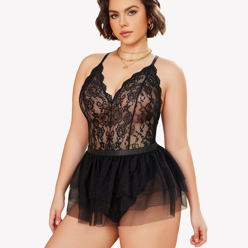 Plus Size black lace teddy nighty with mesh skirt, V-neck design for confident, sensual wear.