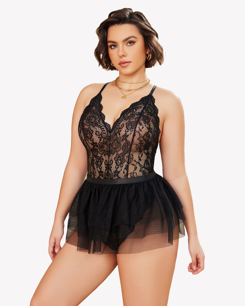 Plus Size black lace teddy nighty with mesh skirt, V-neck design for confident, sensual wear.