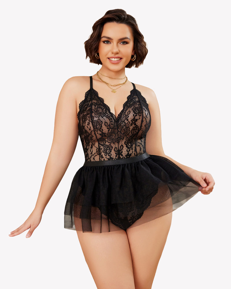 Plus Size Black Lace Teddy Nighty with Mesh Skirt, V-Neck Design, Perfect for Confidence
