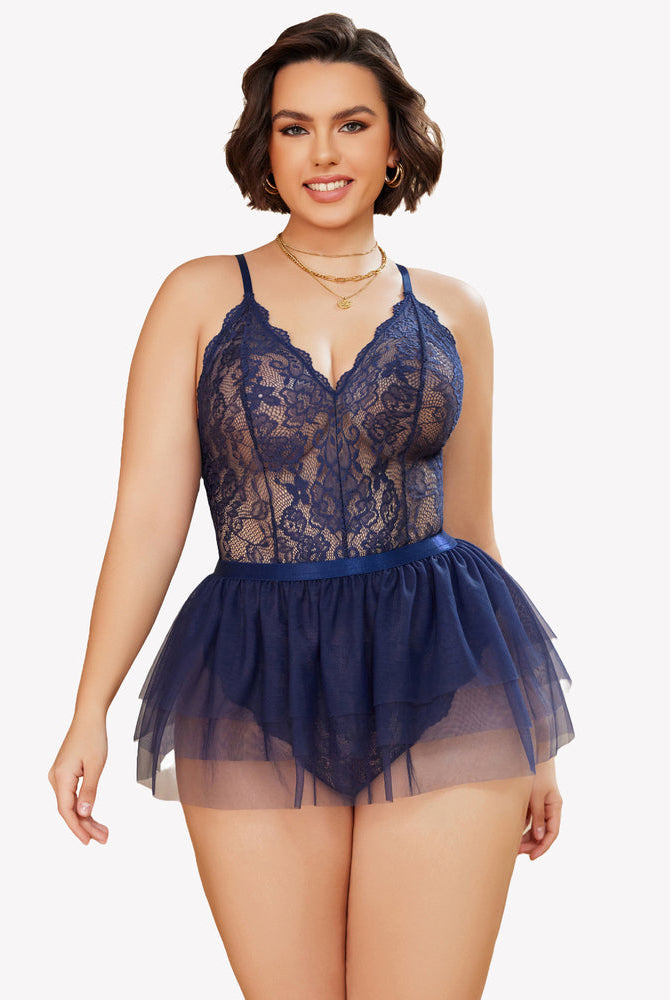 Plus Size navy blue lace teddy nighty with mesh skirt and V-neck design, Avidlove sexy lingerie