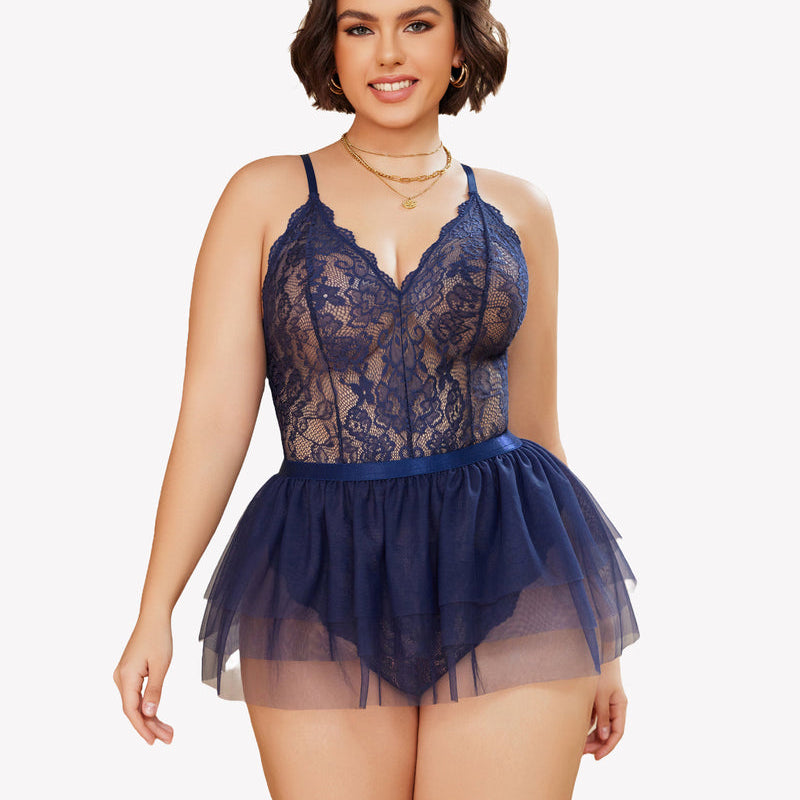 Plus Size navy blue lace teddy nighty with mesh skirt and V-neck design, Avidlove sexy lingerie