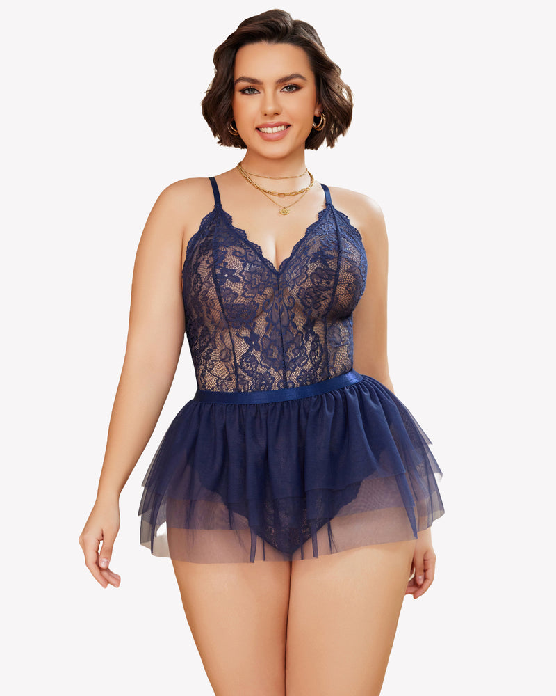 Plus Size navy blue lace teddy nighty with mesh skirt and V-neck design, Avidlove sexy lingerie