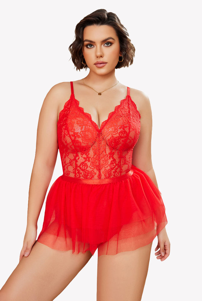 Plus Size Red Lace Teddy Nighty with Mesh Skirt and V-neck Design