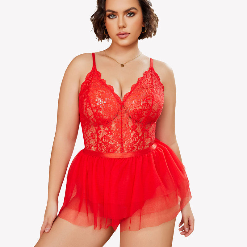 Plus Size Red Lace Teddy Nighty with Mesh Skirt and V-neck Design