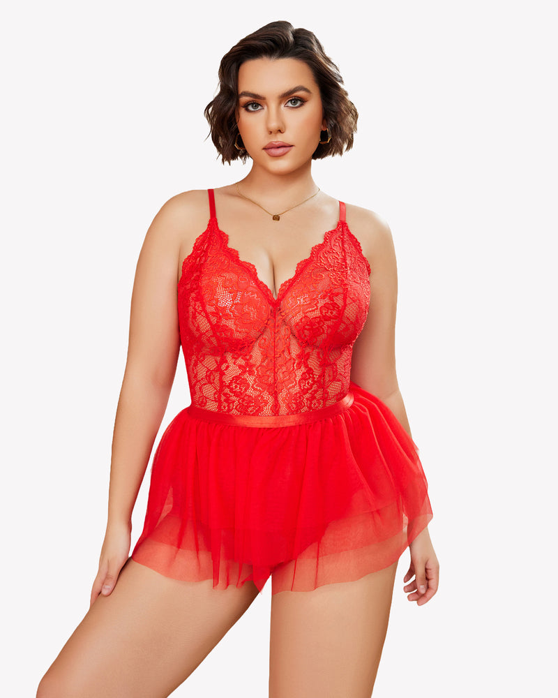 Plus Size Red Lace Teddy Nighty with Mesh Skirt and V-neck Design