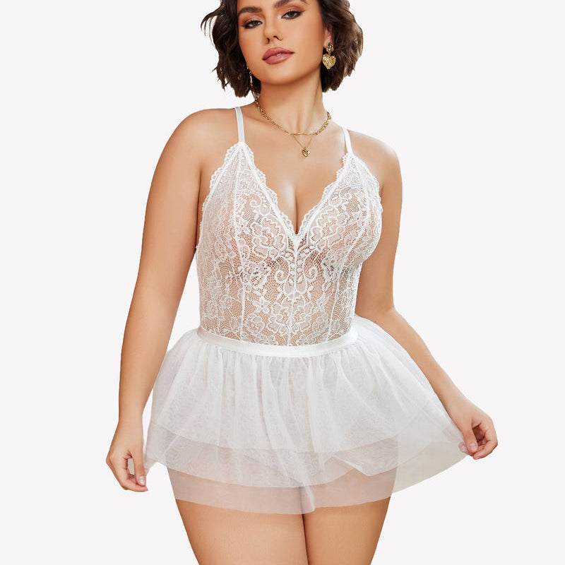 Plus Size White Lace Teddy Nighty with Mesh Skirt and V-Neck Design
