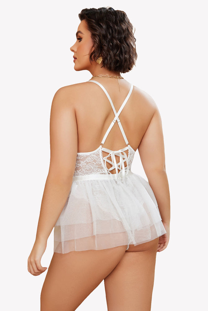 Plus size white lace teddy nighty with mesh skirt, V-neck design, adjustable straps, show curves.