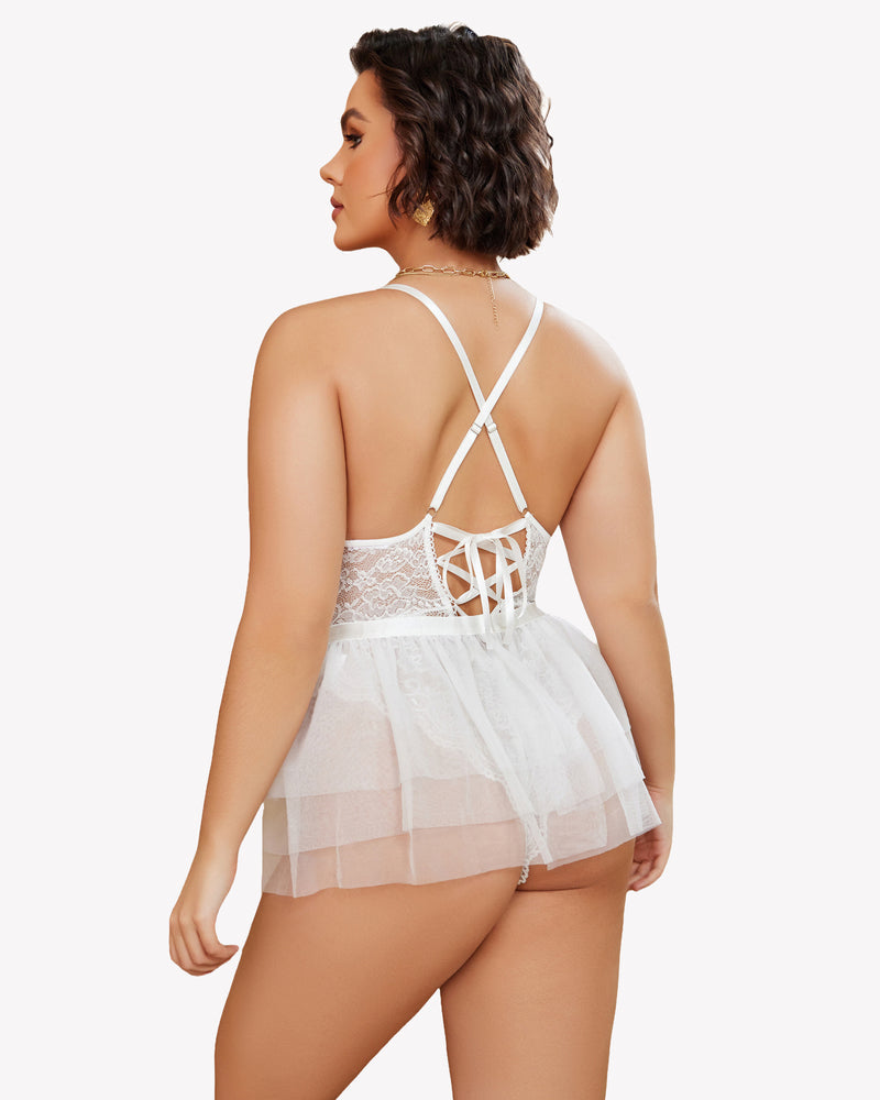 Plus size white lace teddy nighty with mesh skirt, V-neck design, adjustable straps, show curves.