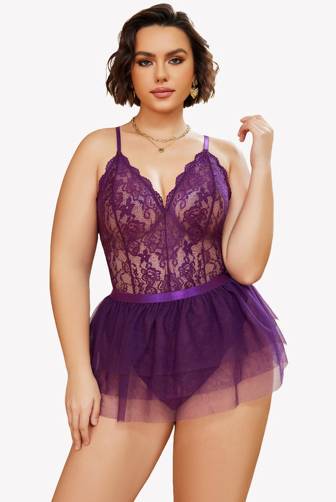 Avidlove Plus Size Purple Lace Teddy Nighty with Mesh Skirt