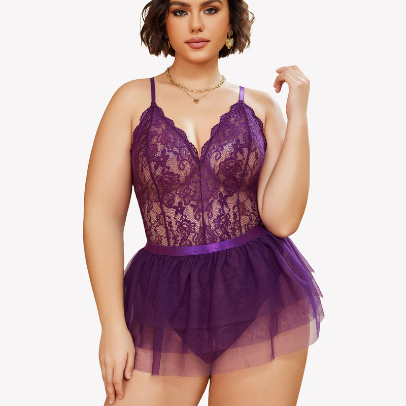 Avidlove Plus Size Purple Lace Teddy Nighty with Mesh Skirt