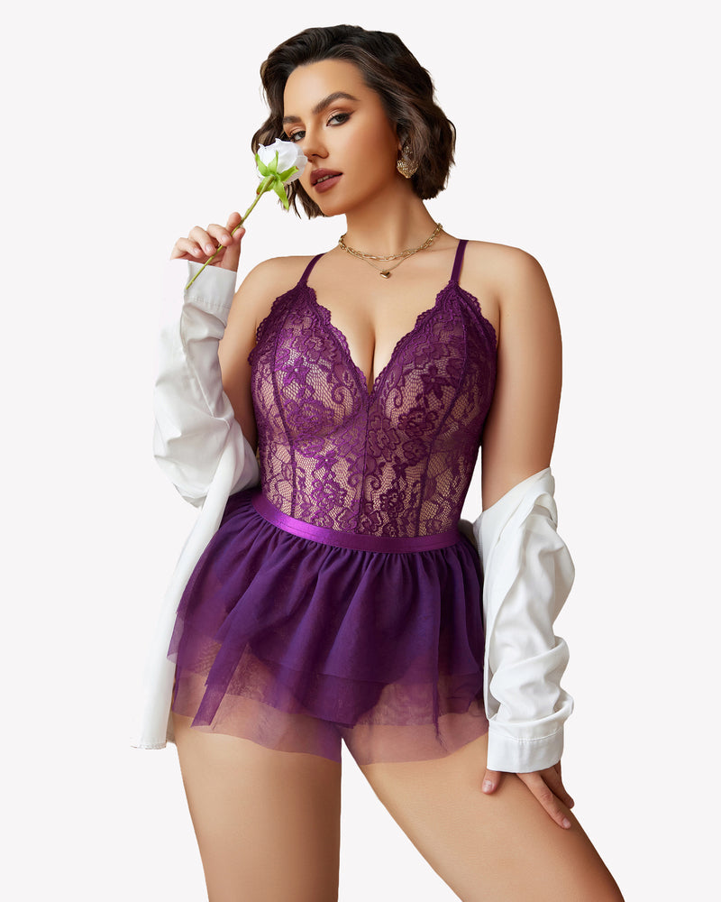 Plus size purple lace teddy nighty with mesh skirt, V-neck. Lace lingerie, confident and sensual.