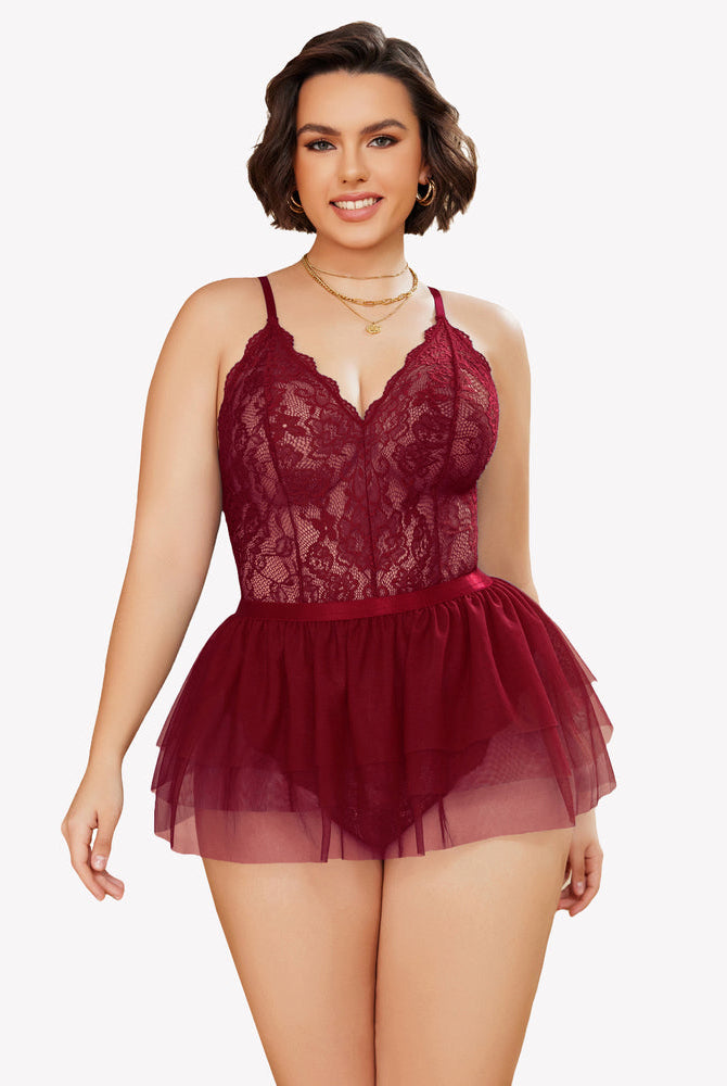 Burgundy lace plus size teddy nighty with mesh skirt, V-neck. Avidlove lingerie for confidence.