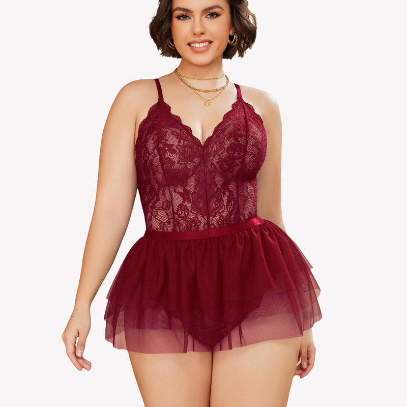 Burgundy lace plus size teddy nighty with mesh skirt, V-neck. Avidlove lingerie for confidence.