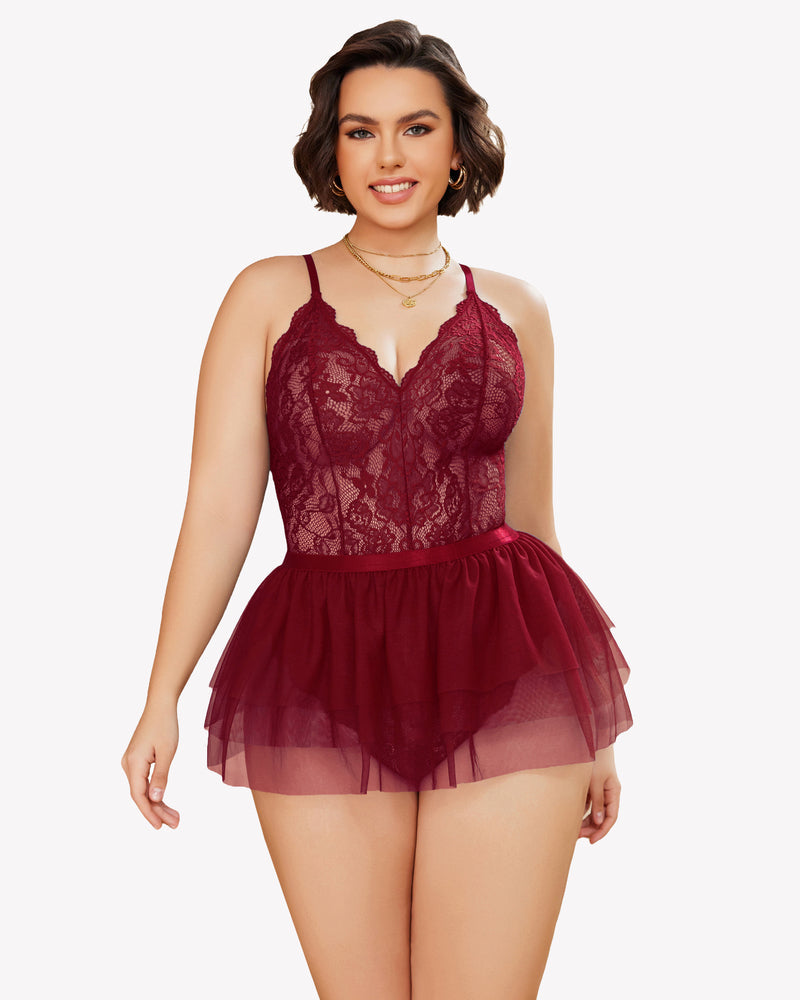 Burgundy lace plus size teddy nighty with mesh skirt, V-neck. Avidlove lingerie for confidence.