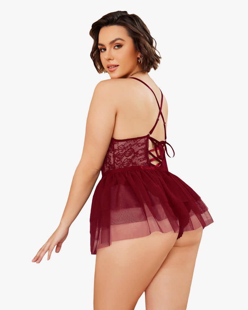 Burgundy lace plus size teddy nighty with mesh skirt, V-neck design. Avidlove lingerie, show curves.