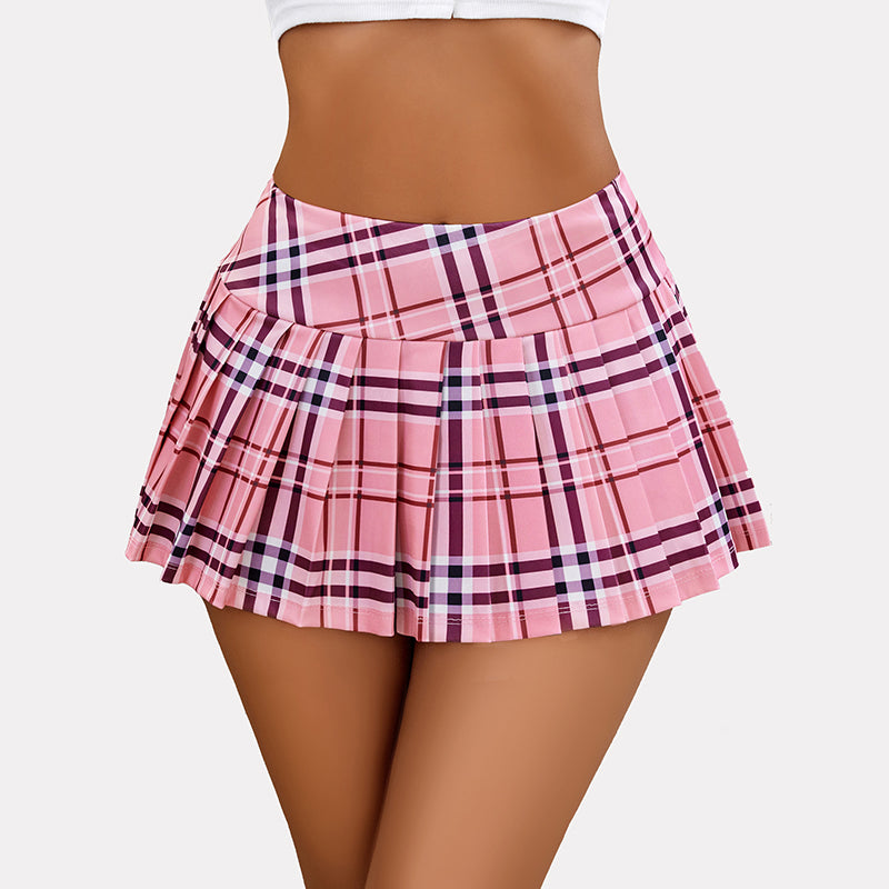 Pink plaid mini skirt, Y2k style, pleated, high-waisted, stretchy fabric for a flattering look.