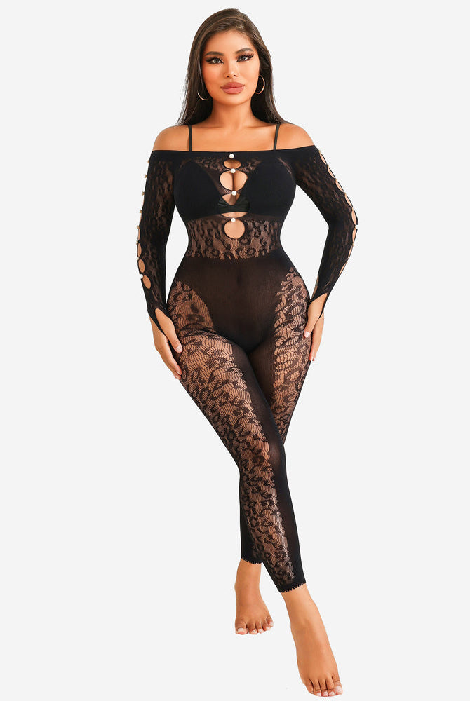 Black fishnet bodysuit with off-shoulder design and leopard print accents, sexy lingerie for women