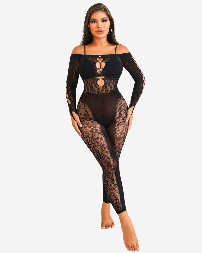 Black fishnet bodysuit with off-shoulder design and leopard print accents, sexy lingerie for women