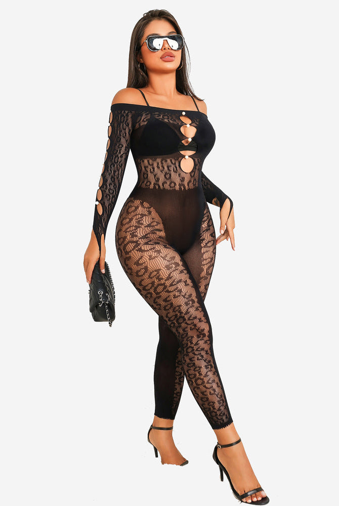 Black leopard print fishnet bodysuit for women, off-shoulder design, sexy lingerie