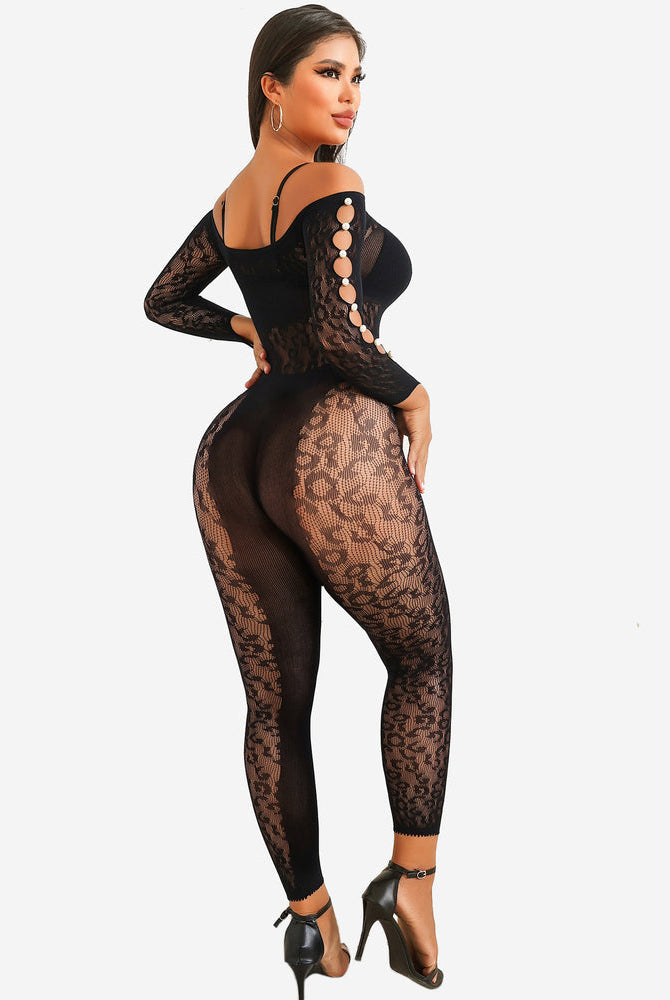 Black fishnet bodysuit with leopard print, off-shoulder design, sexy lingerie for women