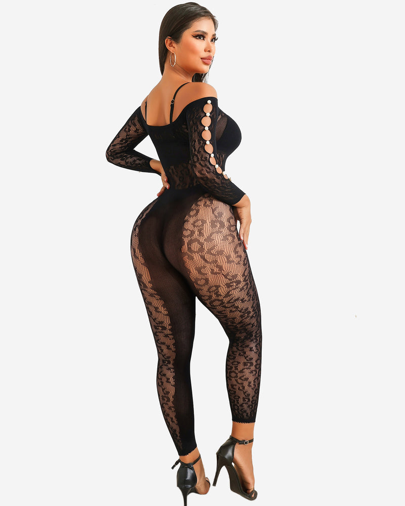 Black fishnet bodysuit with leopard print, off-shoulder design, sexy lingerie for women