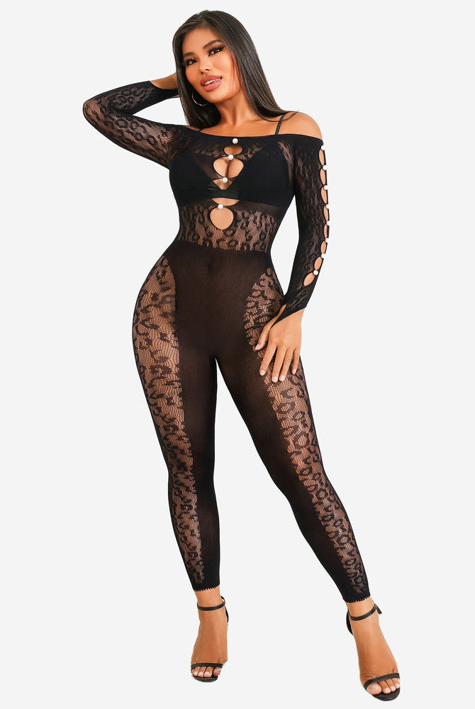 Black fishnet bodysuit, leopard print, sexy lingerie outfit for women