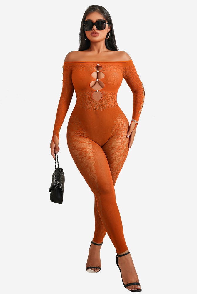 Orange fishnet bodysuit, off-shoulder lace lingerie with cut-out detail, sexy outfit for women