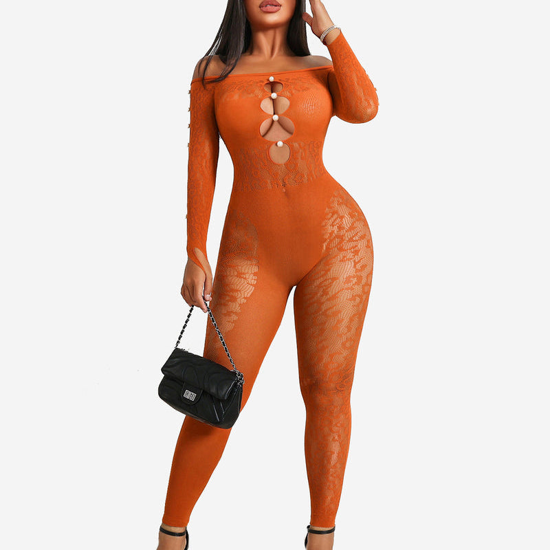 Orange fishnet bodysuit with lace details, off-shoulder design, sexy lingerie for women, curvy fit