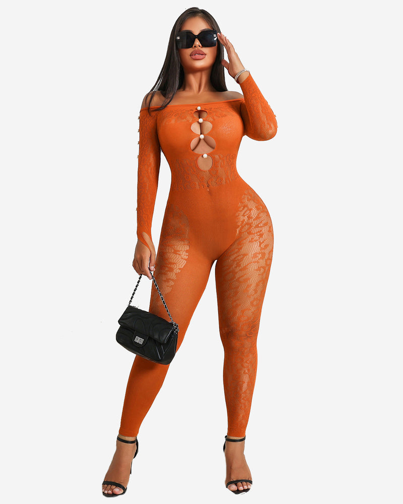 Orange fishnet bodysuit with lace details, off-shoulder design, sexy lingerie for women, curvy fit