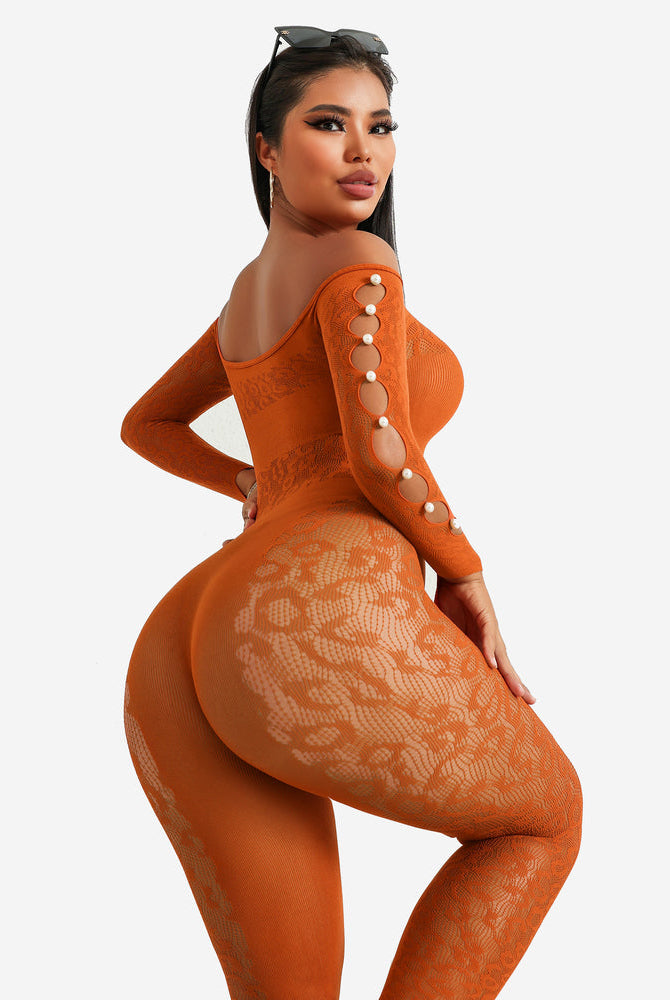 Orange fishnet bodysuit, off-shoulder design, pearl sleeves, sexy lingerie for women