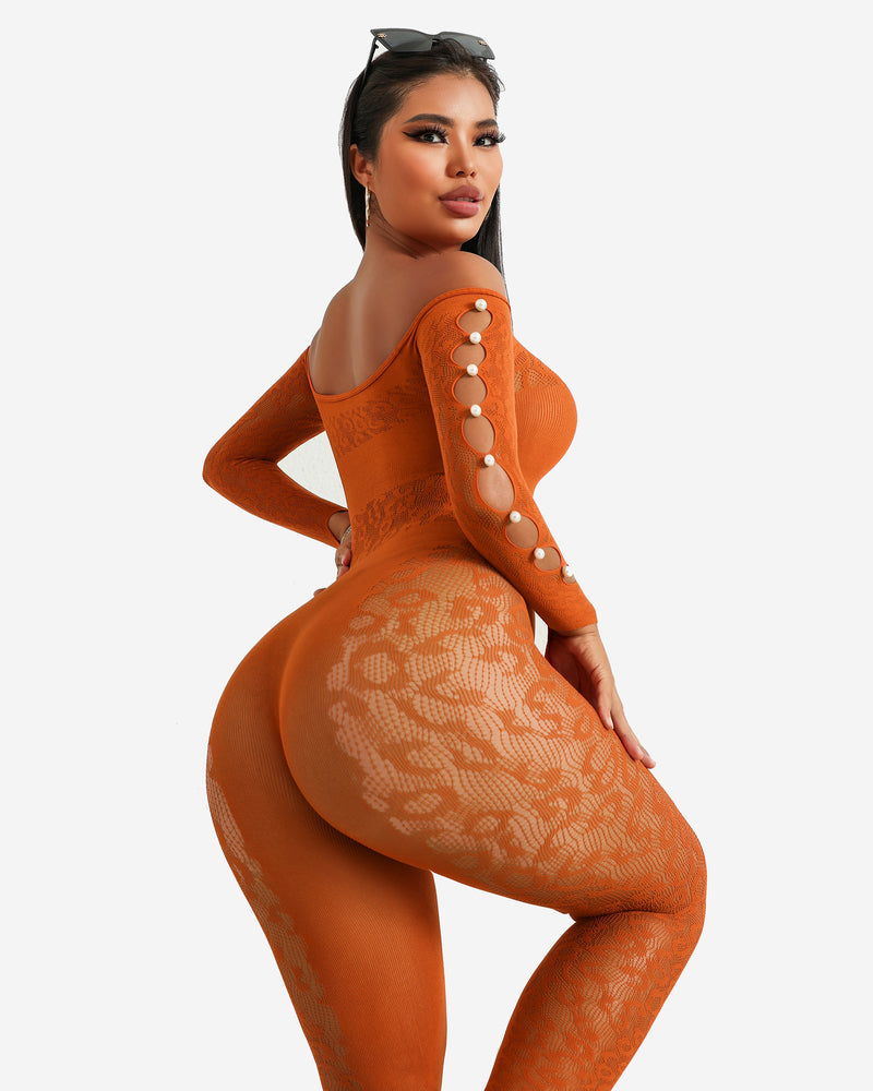 Orange fishnet bodysuit, off-shoulder design, pearl sleeves, sexy lingerie for women