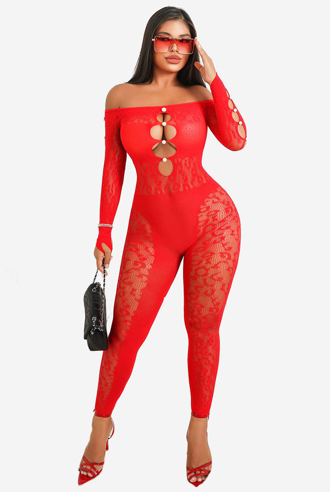 Red fishnet bodysuit, off-shoulder, lace cut-out, sexy lingerie for women