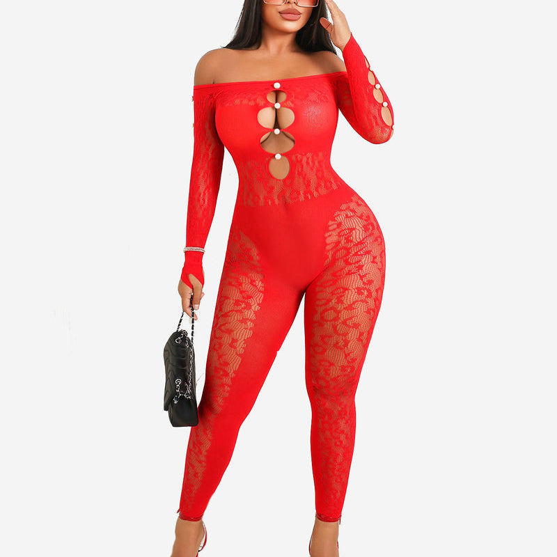 Red fishnet bodysuit, off-shoulder, lace cut-out, sexy lingerie for women