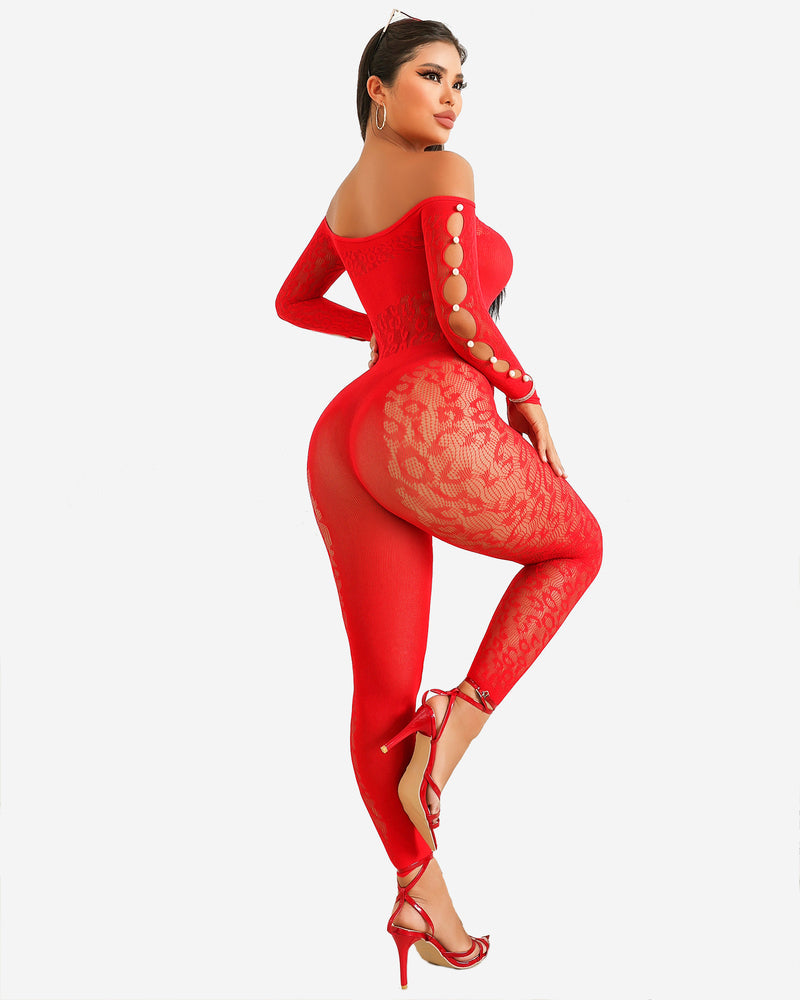 Red fishnet bodysuit, off-shoulder lace lingerie with pearl accents, sexy outfit for women