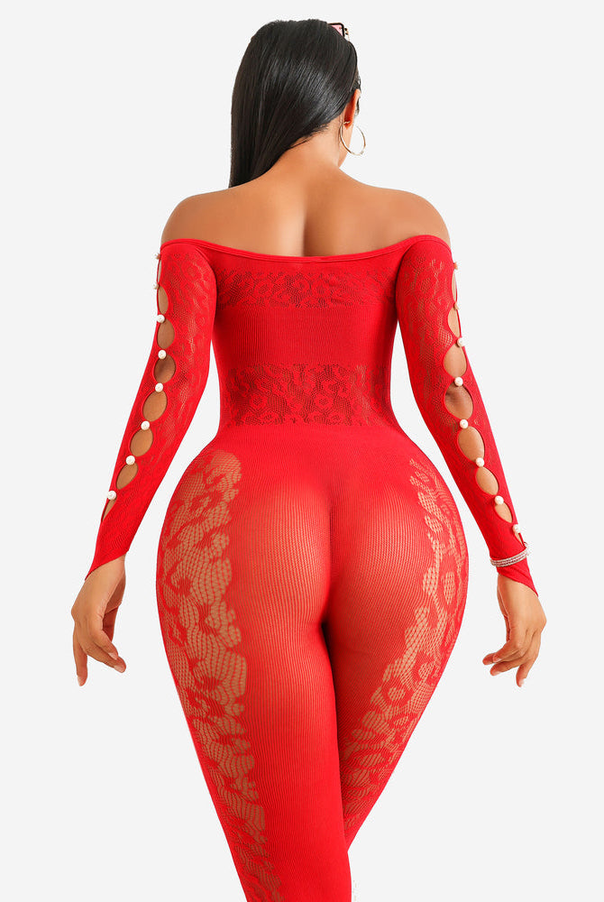 Red fishnet bodysuit with lace detail, off-shoulder, pearl accents, sexy lingerie for women