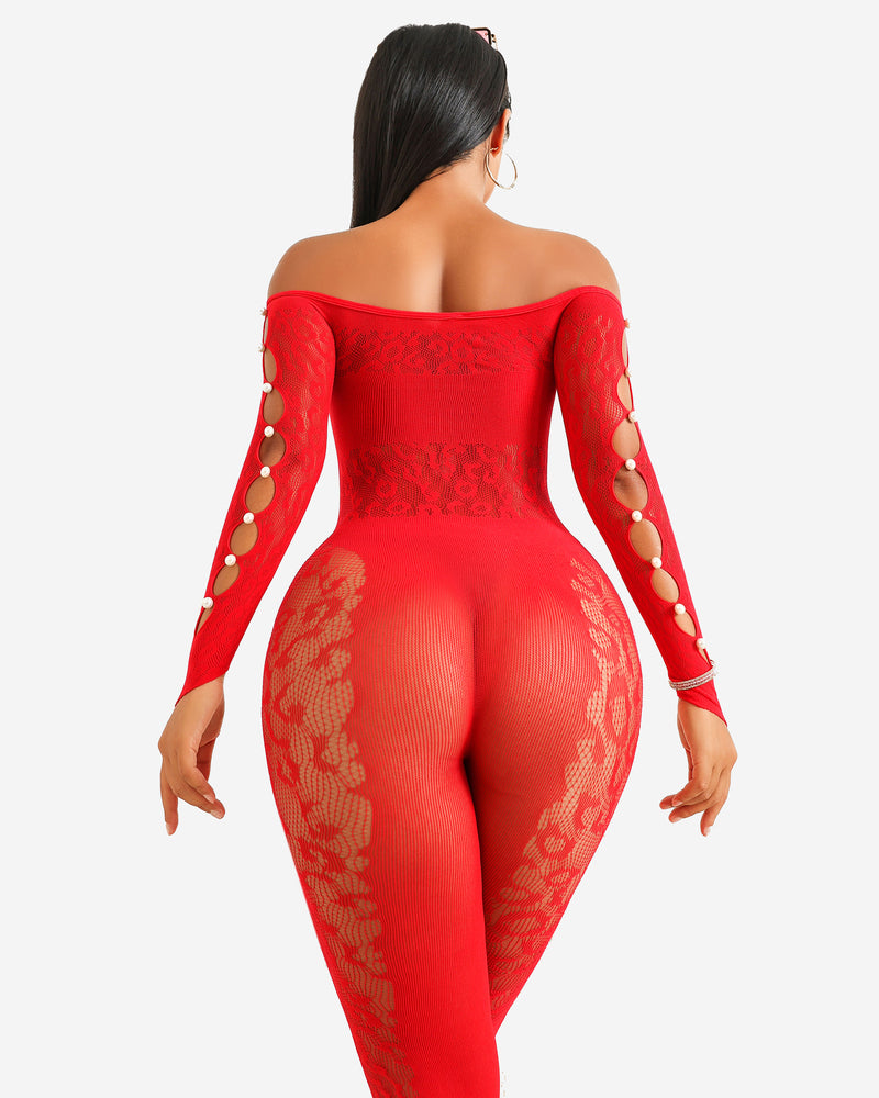 Red fishnet bodysuit with lace detail, off-shoulder, pearl accents, sexy lingerie for women