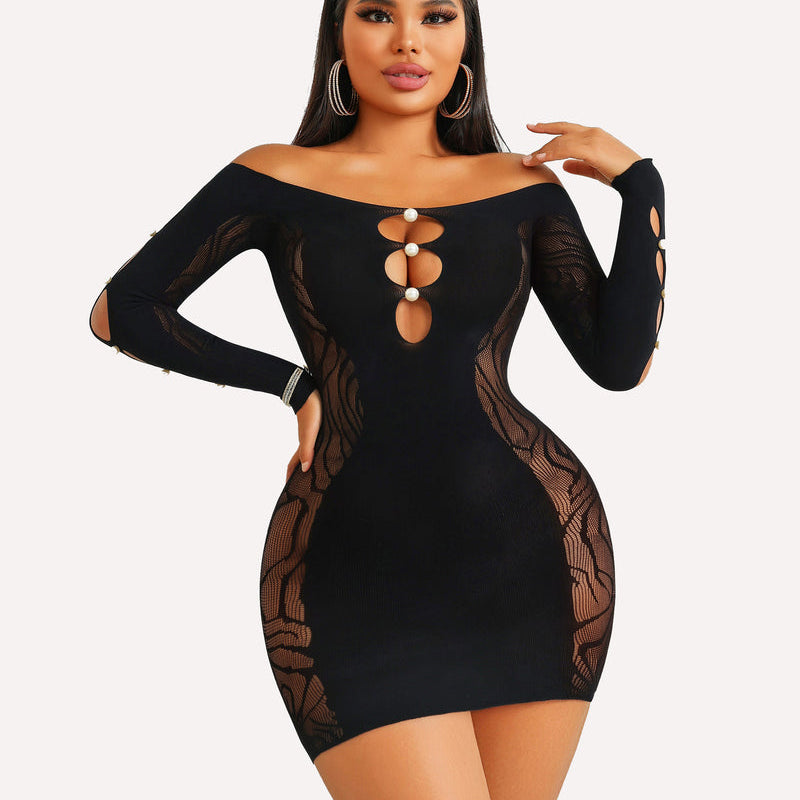 Sexy black fishnet mini dress with pearl details, off-shoulder, perfect for a confident look.