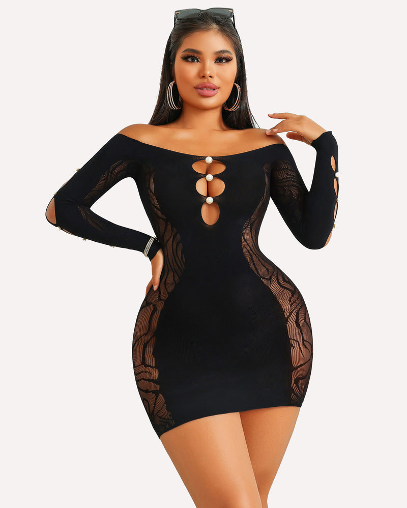 Sexy black fishnet mini dress with pearl details, off-shoulder, perfect for a confident look.
